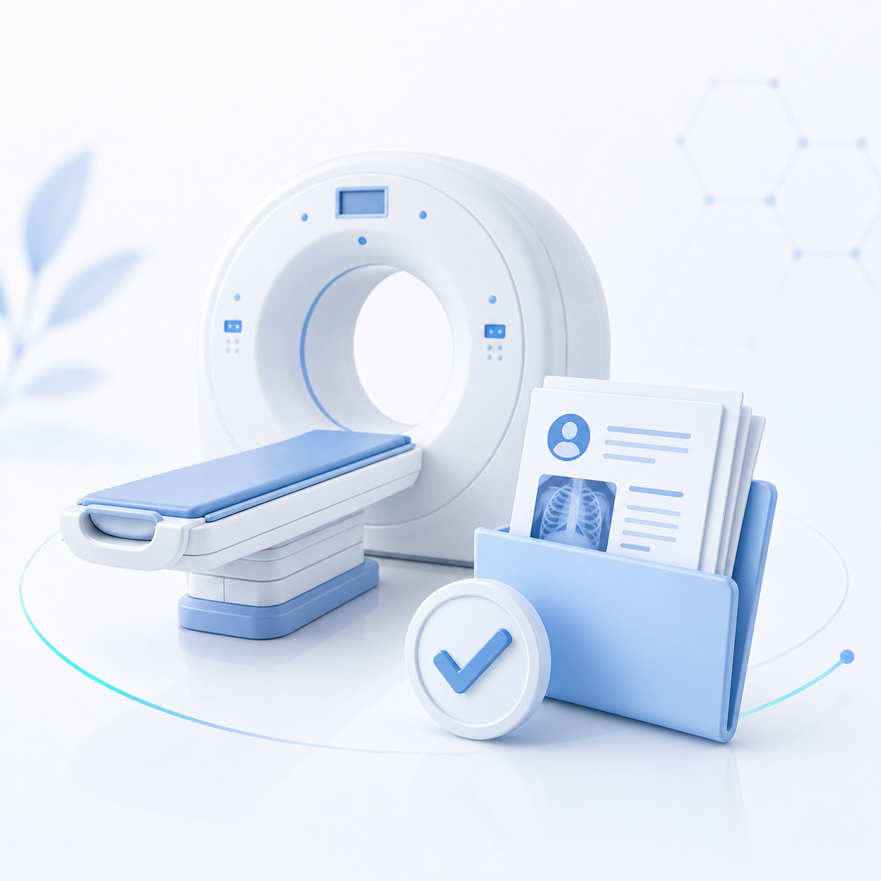 Illustration representing CT scan preparation with medical reports and previous records.